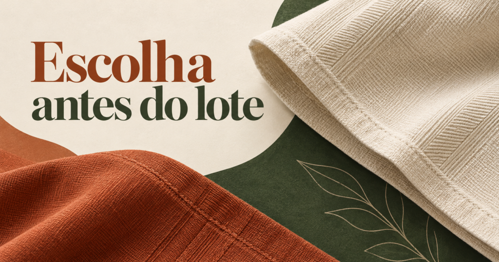 Composição editorial assimétrica com amostras ilustradas de tecido e a chamada ‘Escolha antes do lote’.
