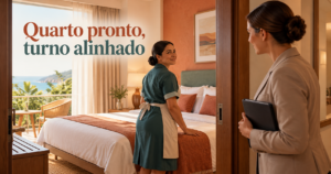 Camareira e supervisora conferem um quarto antes de alinhar a situação com o próximo turno.