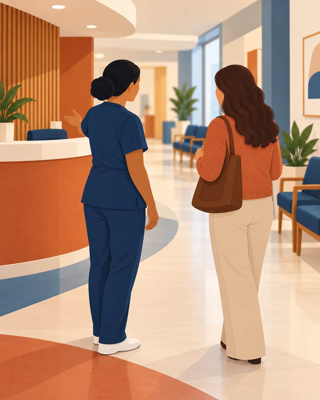 Profissional de apoio orienta familiar em um espaço de recepção hospitalar