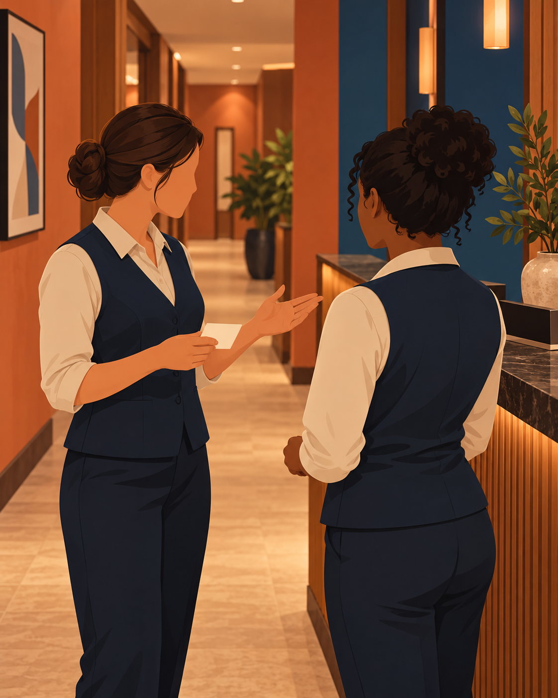 Recepcionista conversa com colega durante a passagem de turno em um hotel