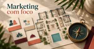 Composição editorial sobre decisões de marketing para hotelaria