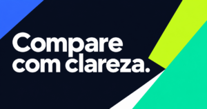 Capa editorial com a frase ‘Compare com clareza.’ em branco sobre navy, acompanhada de recortes diagonais azul, verde-lima e turquesa.