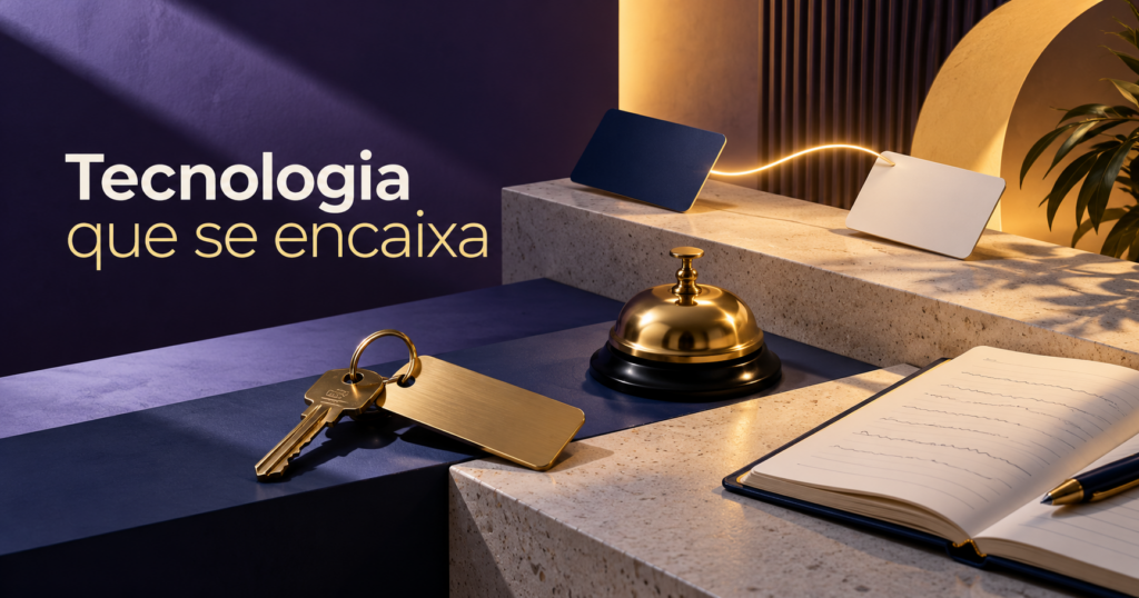 Composição editorial de elementos que representam diferentes camadas de tecnologia em um hotel.