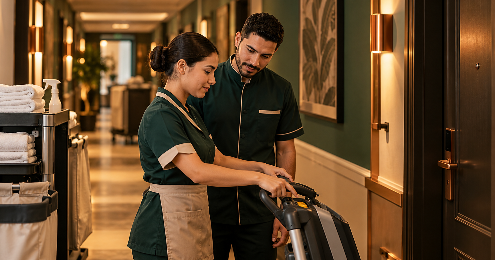Colaboradora de hotel orienta um colega diante de um equipamento neutro em uma área de serviço fictícia.