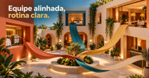 Composição editorial de caminhos coloridos que convergem em um hotel, representando a coordenação da equipe