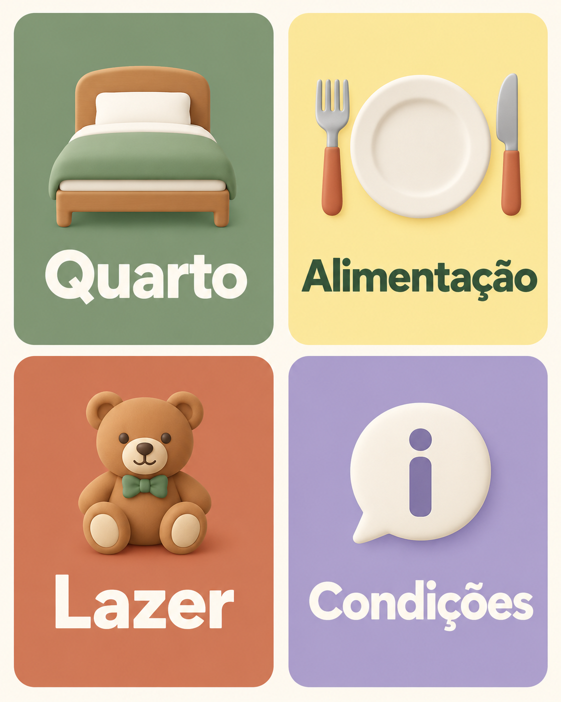 Quatro informações para famílias: quarto, alimentação, lazer e condições