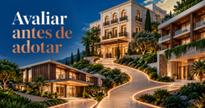 Composição editorial de fachadas e caminhos que representam sinais a avaliar no setor de hotelaria