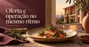 Composição editorial de prato e arquitetura que representam a operação de um restaurante de hotel