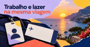 Composição conceitual de agenda profissional e paisagem de destino representando bleisure travel