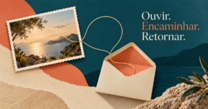 Colagem editorial de cartão-postal, envelope aberto e linha visual que retorna ao ponto de origem, representando o contato após a estadia