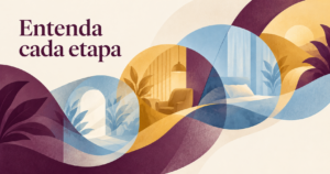 Composição abstrata de camadas coloridas conectadas por um percurso, representando etapas diferentes da experiência do hóspede