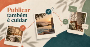Composição editorial de cartões fotográficos, balões de conversa abstratos e uma linha de publicação que representa a rotina de redes sociais do hotel
