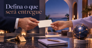 Duas pessoas passam um cartão de tarefas entre si, enquanto outras ferramentas permanecem separadas, simbolizando escopo e responsabilidades.