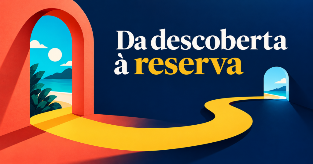 Capa editorial ‘Da descoberta à reserva’, com uma rota curva atravessando um portal coral e amarelo sobre fundo azul-marinho.