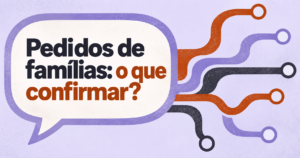 Capa editorial sobre a conferência de pedidos de famílias, com balão de fala e caminhos abstratos.