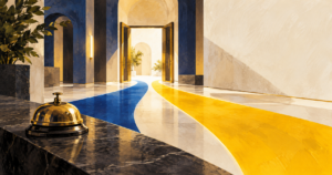 Ilustração editorial de dois caminhos de atendimento que se encontram em uma recepção de hotel.