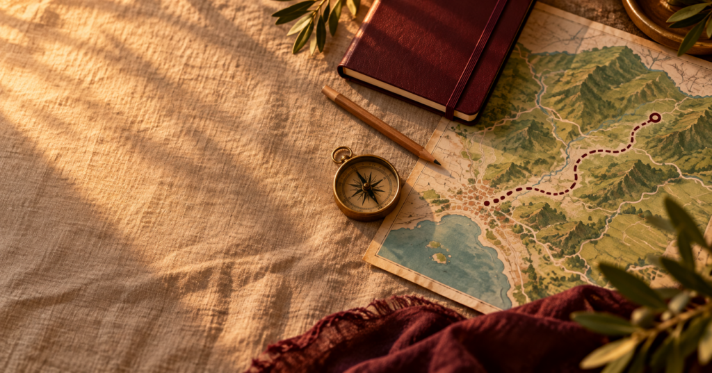 Composição editorial de mapa dobrado, caderno fechado e luz de fim de tarde para representar uma viagem sem roteiro rígido
