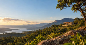 Composição editorial de uma hospedagem próxima a uma paisagem natural, sem afirmar certificação ou impacto ambiental