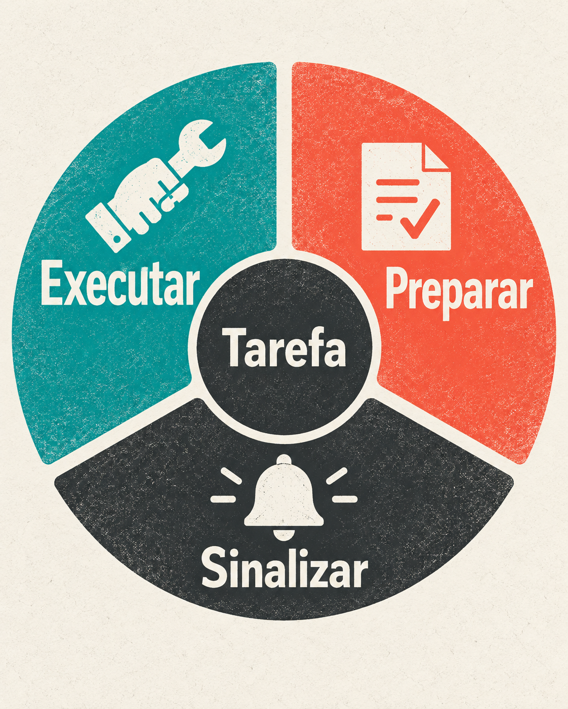 Mapa radial com três graus de autonomia: Executar, Preparar e Sinalizar, organizados ao redor de uma tarefa central.