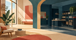 Ilustração de dois ambientes conectados por uma abertura em arco: à esquerda, uma sala clara com poltrona e planta; à direita, um espaço escuro com prateleiras, caixas e toalhas.