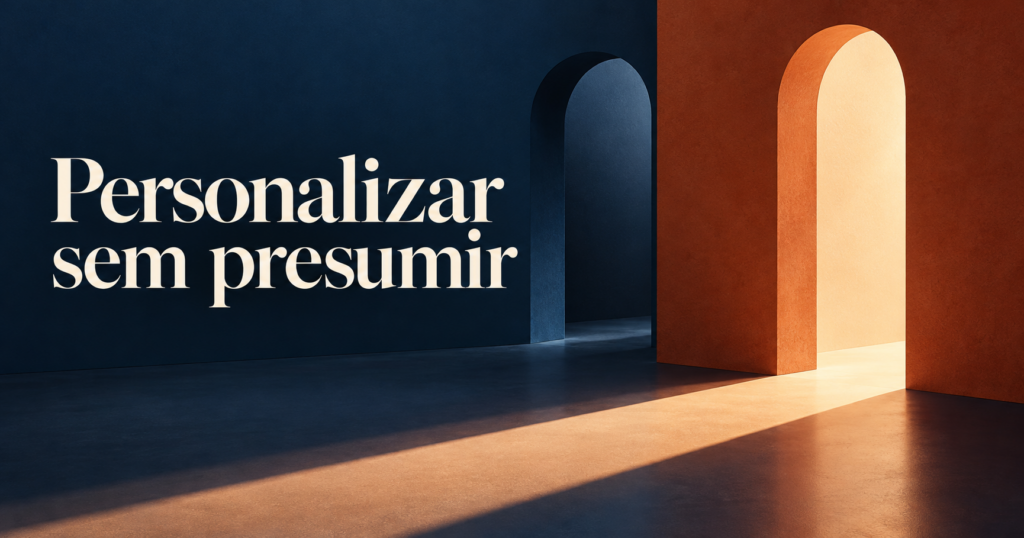 Headline ‘Personalizar sem presumir’ sobre uma composição abstrata de duas formas de porta em planos diferentes, sem representar um hotel específico.