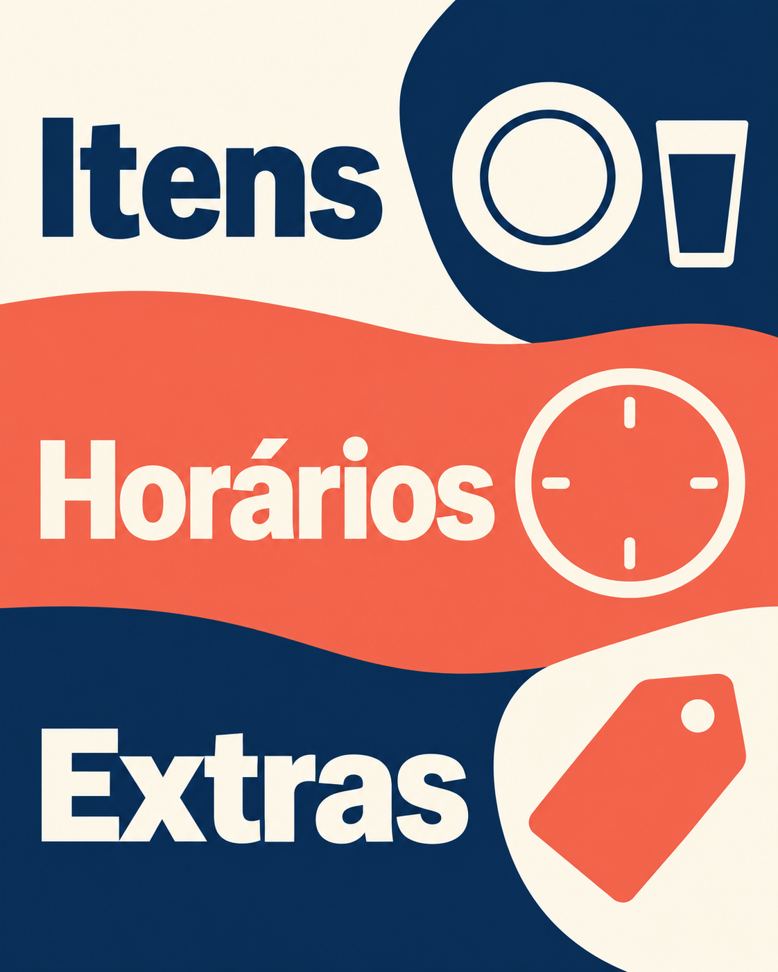 Infográfico em três áreas com os rótulos ‘Itens’, ‘Horários’ e ‘Extras’, cada um acompanhado por um ícone simples; sem sequência ou conteúdo de oferta real.