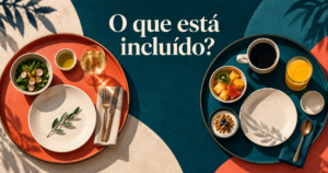 Composição editorial com duas apresentações de refeição diferentes sobre fundo azul-petróleo e a chamada ‘O que está incluído?’. A imagem é conceitual e não representa uma oferta real.