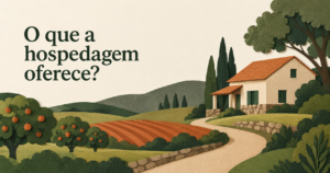 Headline ‘O que a hospedagem oferece?’ sobre uma ilustração editorial de casa rural genérica, campo, pomar e caminho, sem propriedade identificável.