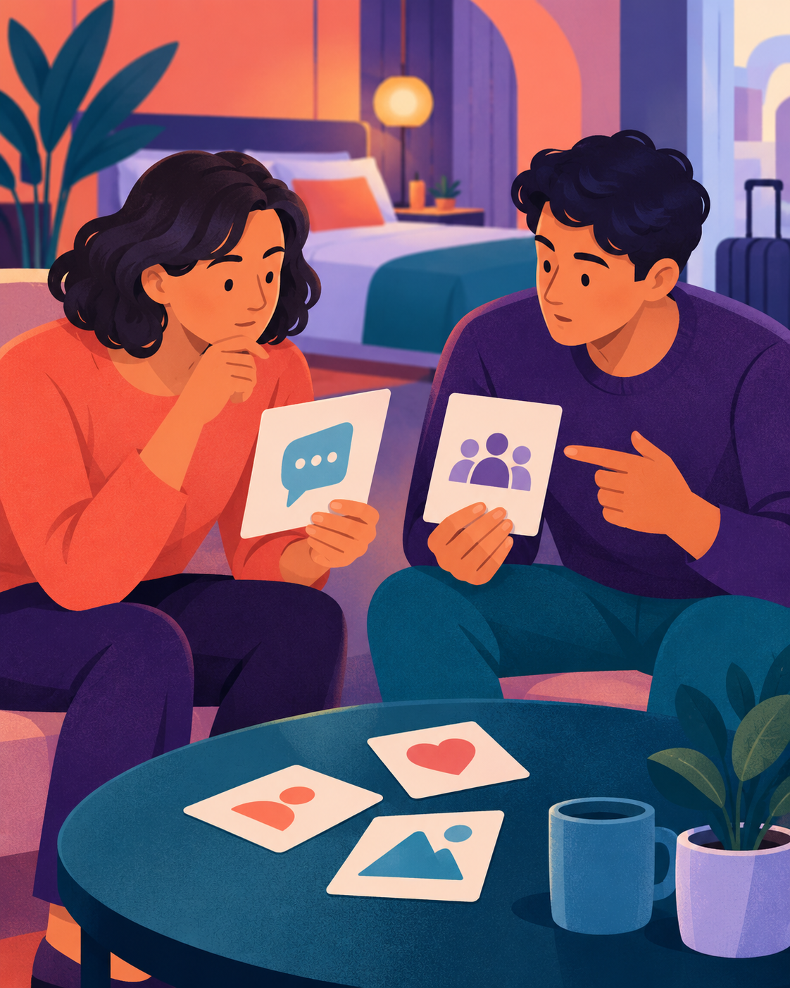 Duas pessoas adultas observam cartões com pictogramas em um ambiente ilustrativo, com cama ao fundo, sem indicar classificação real.
