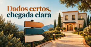 Headline ‘Dados certos, chegada clara’ sobre uma composição editorial de três placas direcionais sem texto e um caminho até uma construção fictícia.