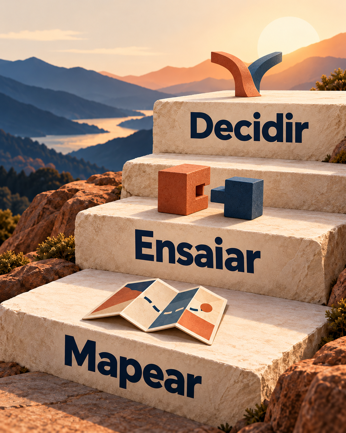 Infográfico vertical com três degraus conceituais ascendentes rotulados ‘Mapear’, ‘Ensaiar’ e ‘Decidir’, sem outros textos.