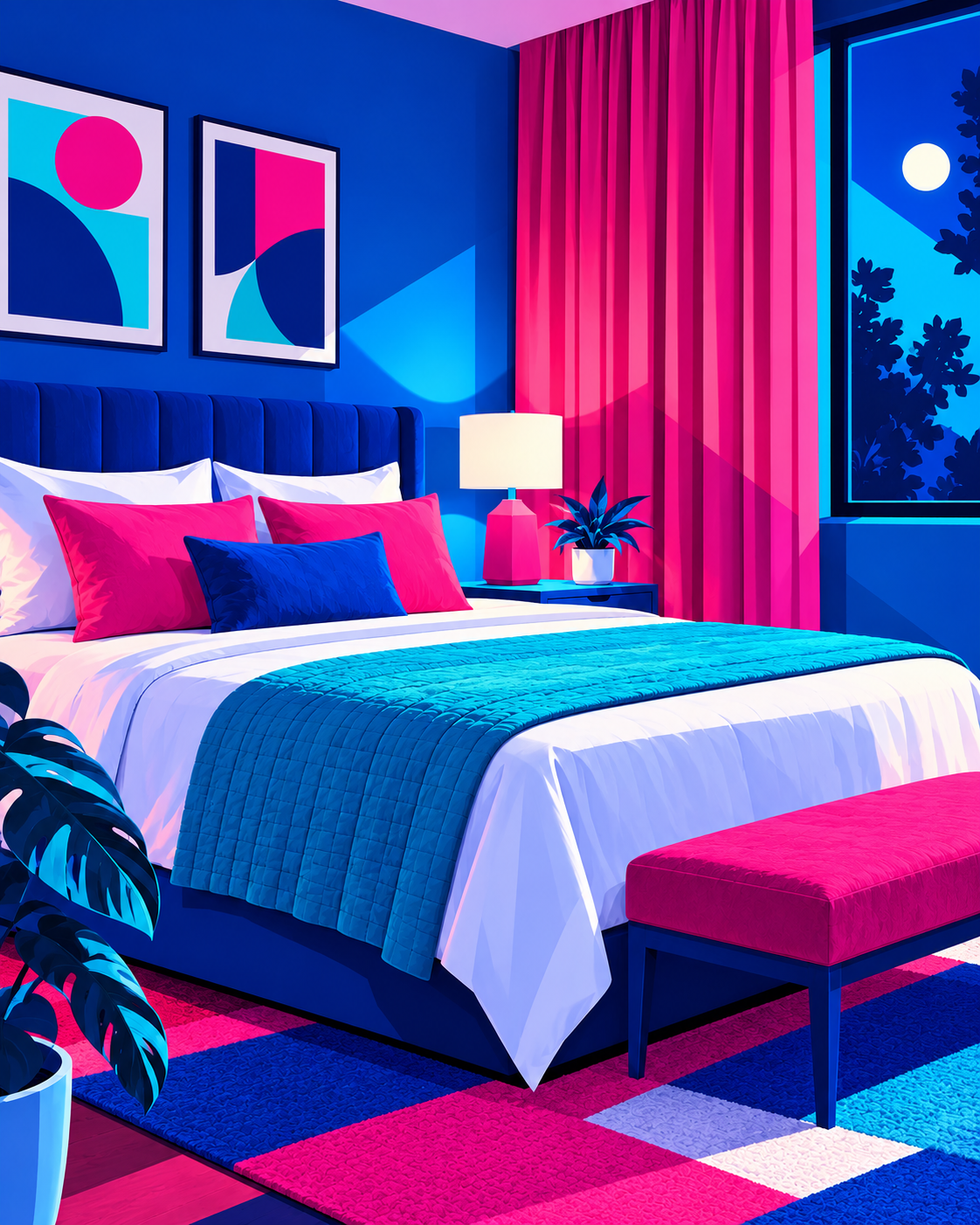 Ilustração de um quarto genérico com cama, cortinas e luminária, em ciano, azul elétrico e magenta; sem pessoas, texto ou hotel identificável.