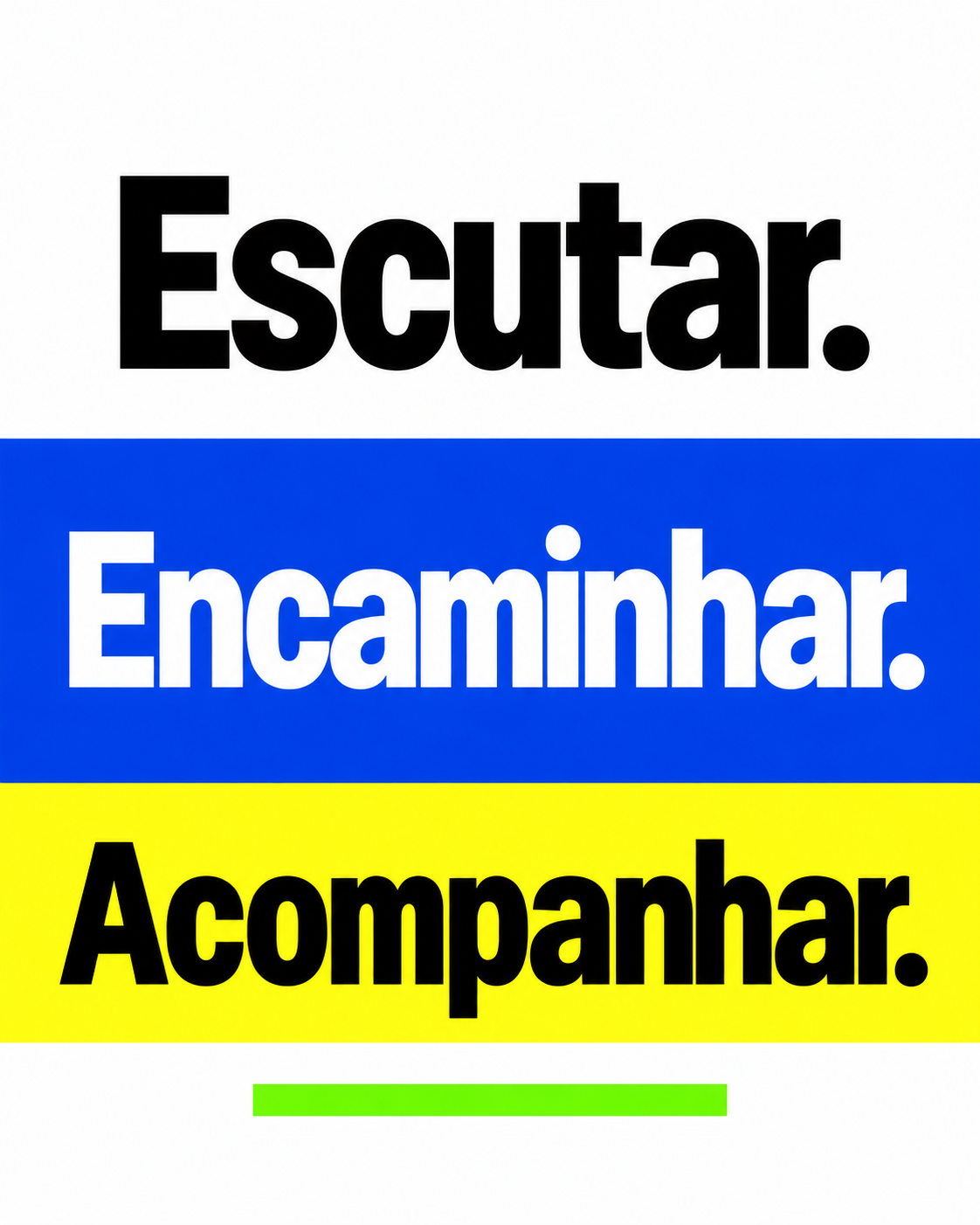 Apoio com ‘Escutar.’ em preto sobre branco, ‘Encaminhar.’ em branco sobre azul e ‘Acompanhar.’ em preto sobre amarelo, com pequeno traço verde.