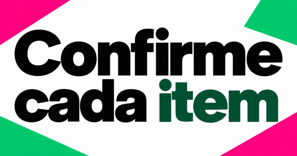 Capa gráfica com ‘Confirme cada item’ em preto e verde-escuro sobre branco, com recortes geométricos magenta e verdes nos quatro cantos.