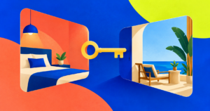 Duas cenas estilizadas de hospedagem, uma com cama e outra com área de estar junto ao mar, ligadas por uma chave amarela sobre fundo azul, coral e lima.