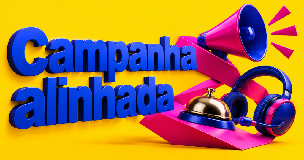 Composição editorial amarela com o texto Campanha alinhada em azul-cobalto, um megafone magenta, fone de atendimento e sino de recepção.