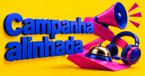 Composição editorial amarela com o texto Campanha alinhada em azul-cobalto, um megafone magenta, fone de atendimento e sino de recepção.