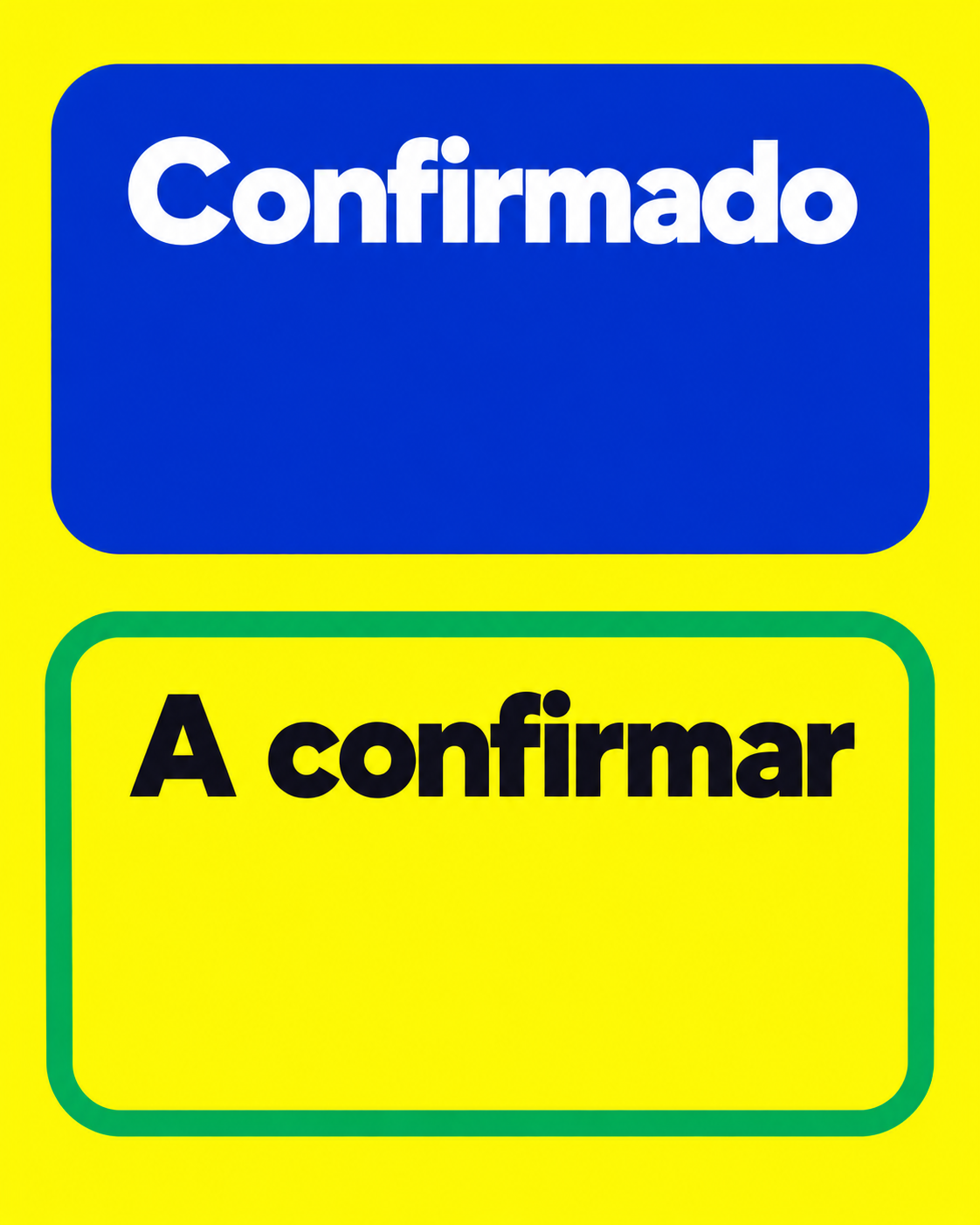 Duas áreas com os rótulos Confirmado e A confirmar, uma preenchida em azul e outra com contorno verde sobre fundo amarelo.