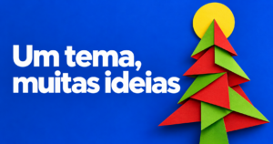 Capa editorial natalina com a chamada ‘Um tema, muitas ideias’, formas de papel em cores vivas e fundo azul-cobalto.