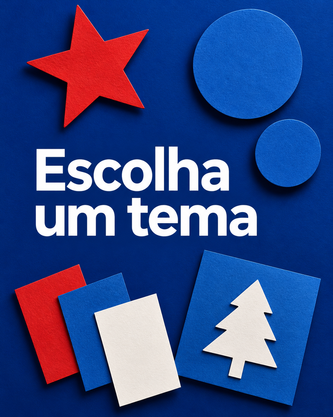 Prancha visual de exemplo com recortes de enfeites natalinos e amostras de azul, vermelho e branco, acompanhada da frase ‘Escolha um tema’.