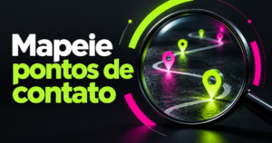 Capa ‘Mapeie pontos de contato’ com uma lente circular verde-limão e magenta sobre fundo grafite.
