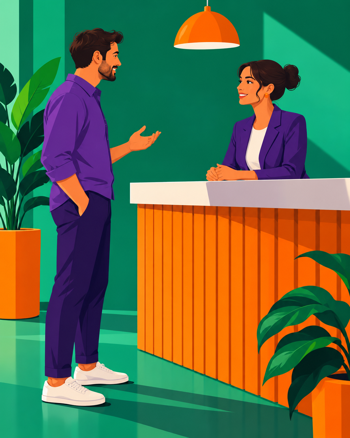 Ilustração de duas pessoas adultas conversando junto a um balcão laranja em uma recepção genérica, com roupas violetas e fundo verde; não representa equipe ou hotel real.