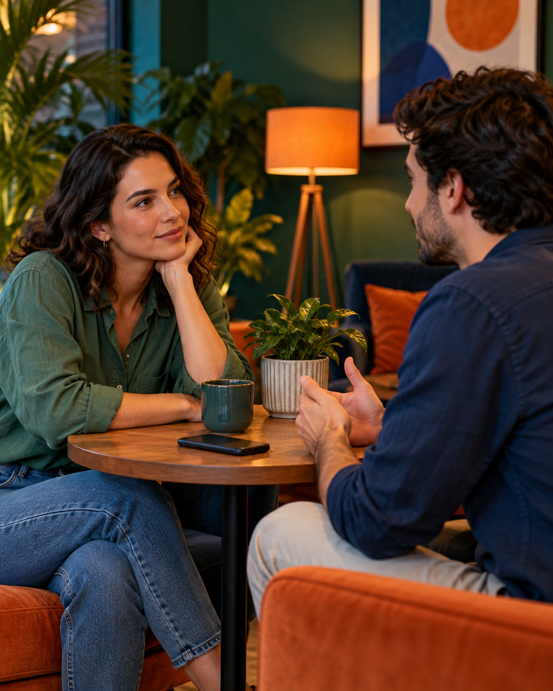Duas pessoas adultas conversam junto a uma mesa com uma caneca, uma planta e um telefone escuro; não há mensagens legíveis.