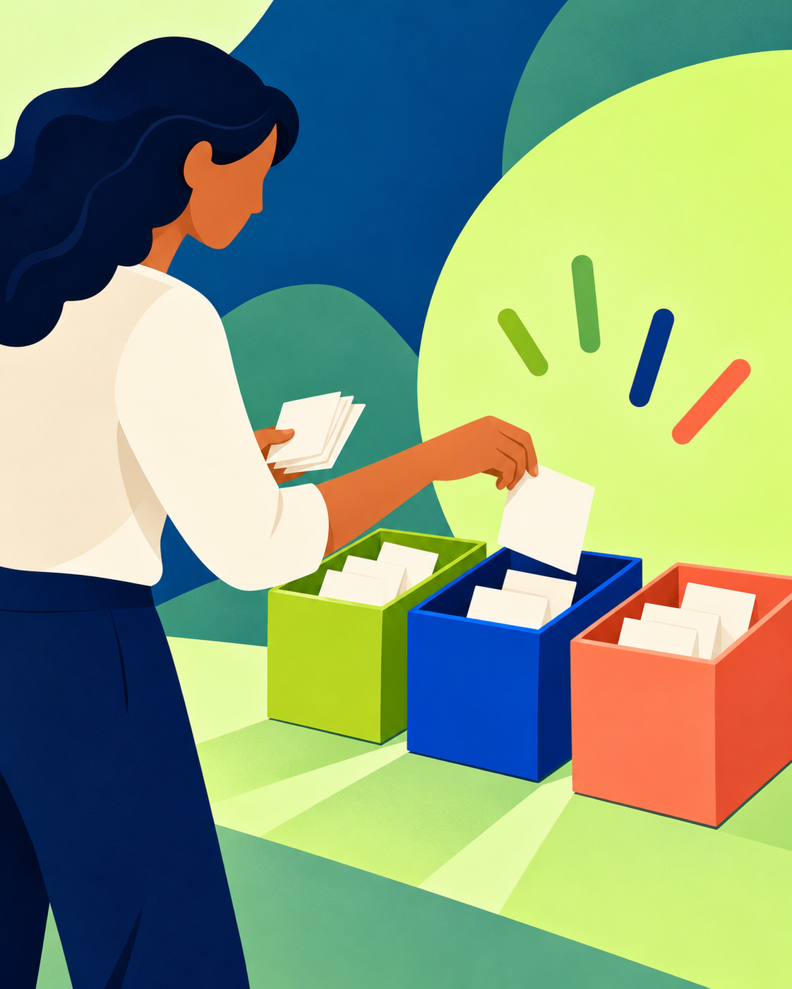 Ilustração de uma pessoa adulta separando cartões em branco em três recipientes coloridos, sem texto ou dados identificáveis.
