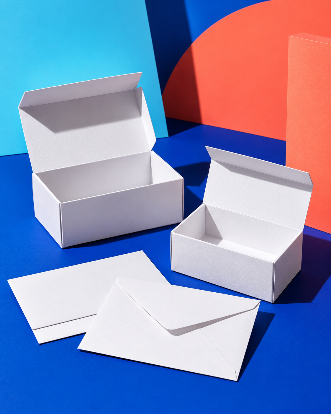 Composição ilustrativa de duas caixas brancas abertas e envelopes sem escrita sobre superfície azul, com formas ciano e coral ao fundo; não representa um estoque real.