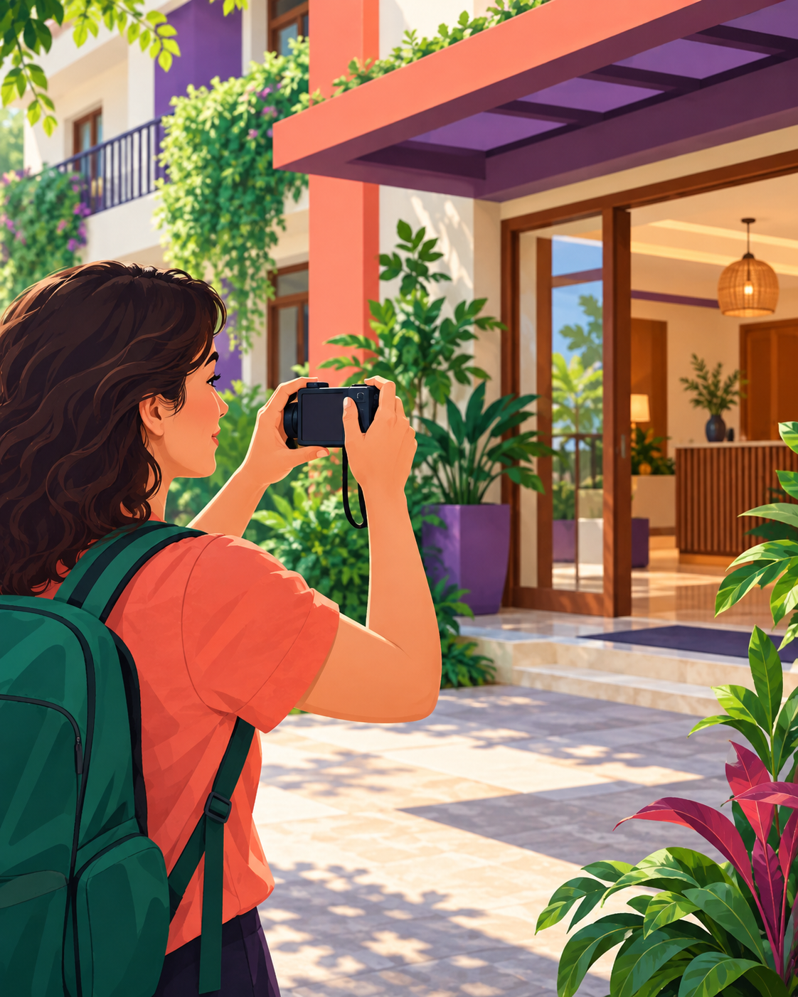 Pessoa adulta com uma câmera observa um ambiente de hospedagem genérico, sem tela ou marca identificável.