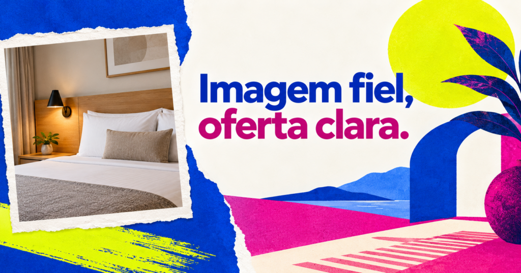 Colagem editorial gerada por IA com um quarto sintético em uma moldura, formas abstratas coloridas e a chamada ‘Imagem fiel, oferta clara’; não representa hotel real.