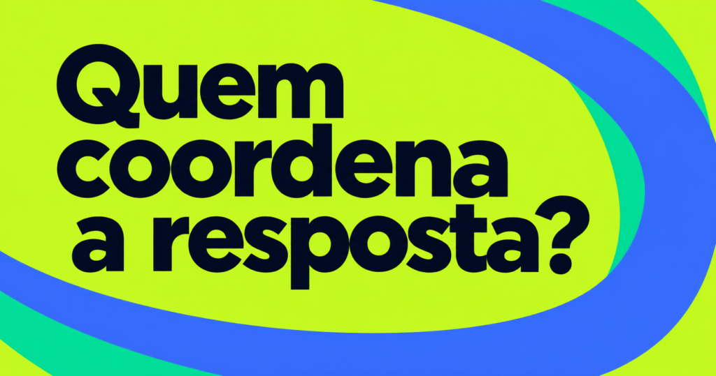 Pergunta Quem coordena a resposta? em letras navy sobre verde-lima, enquadrada por curvas azuis e turquesa.