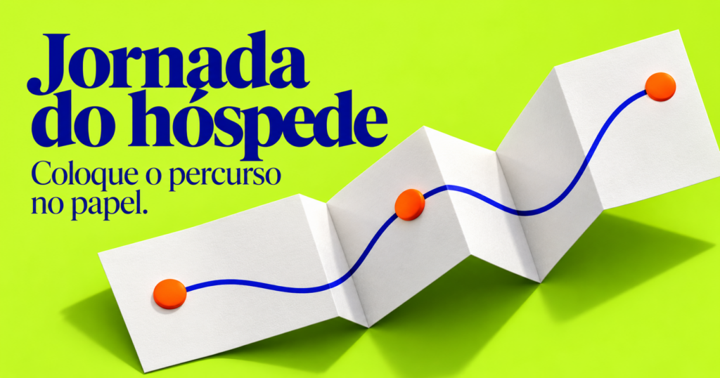 Capa editorial Jornada do hóspede, com a chamada Coloque o percurso no papel e uma folha dobrada que representa um caminho.