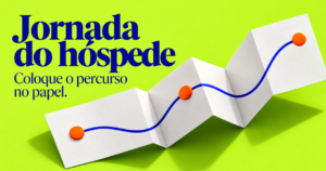 Capa editorial Jornada do hóspede, com a chamada Coloque o percurso no papel e uma folha dobrada que representa um caminho.
